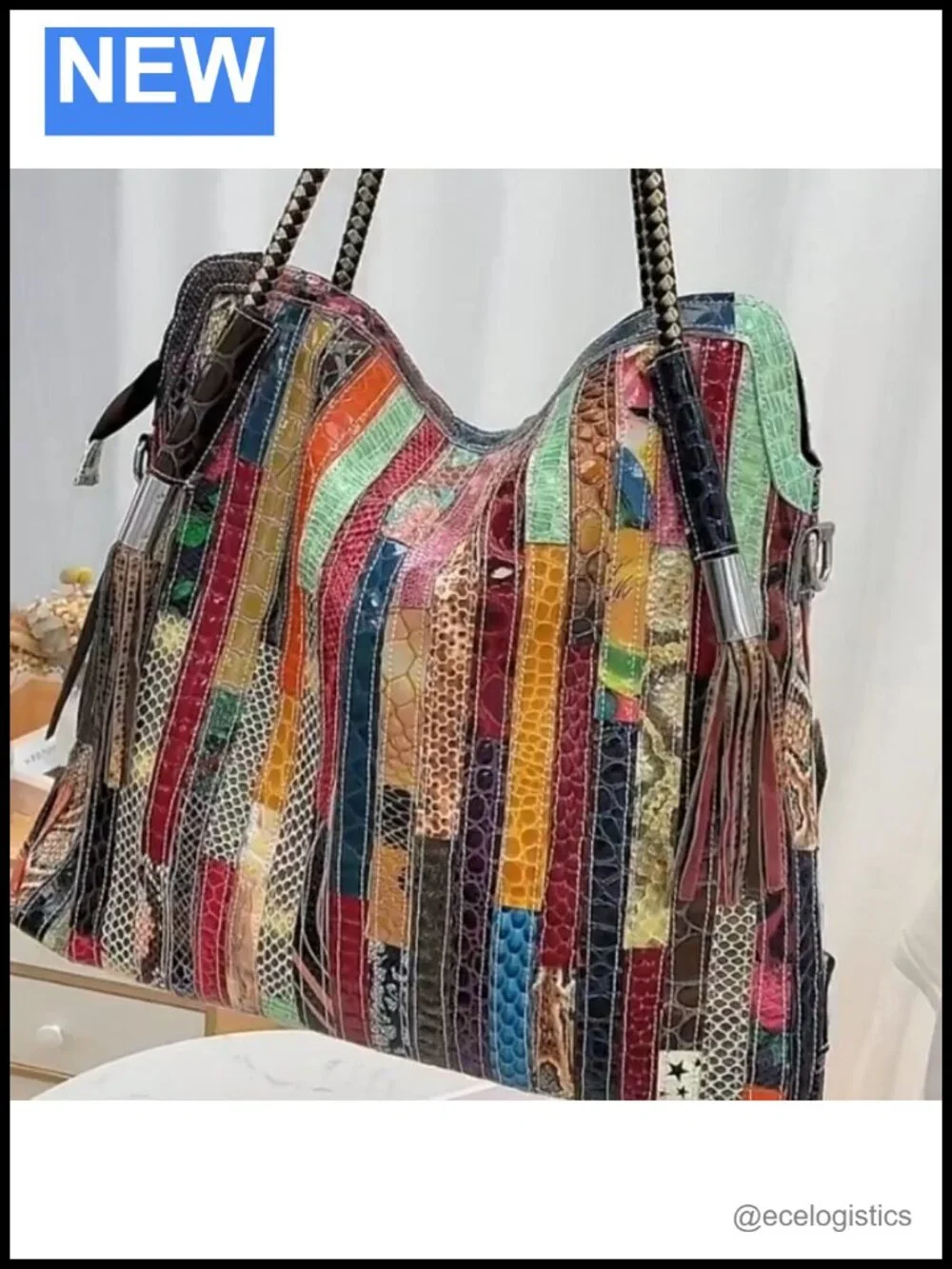 Genuine Leather Large Tote Handbag Hobo Crossbody Multicolor Patchwork Shoulder